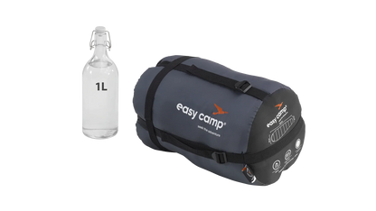 Easy Camp sleeping bag with 1L bottle for size comparison, ideal for camping adventures