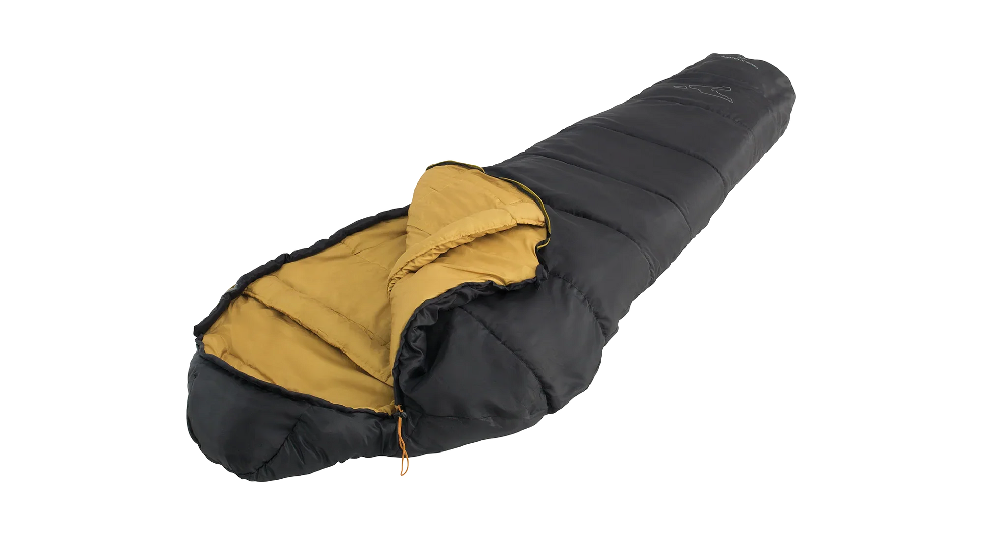 Black and mustard yellow camping sleeping bag for outdoor adventures