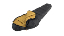 Black and mustard yellow camping sleeping bag for outdoor adventures