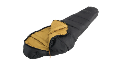 Black and mustard yellow camping sleeping bag for outdoor adventures