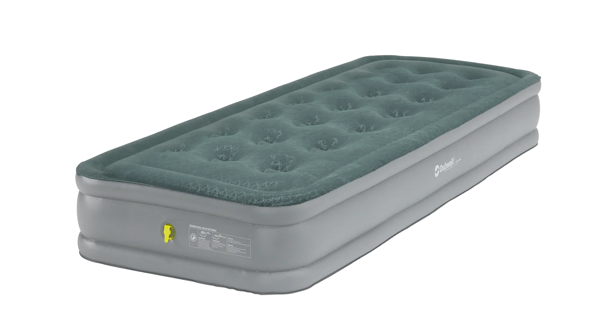 Green and gray inflatable air mattress with Outwell branding for camping and outdoor use