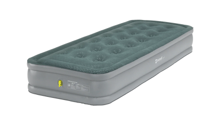 Green and gray inflatable air mattress with Outwell branding for camping and outdoor use
