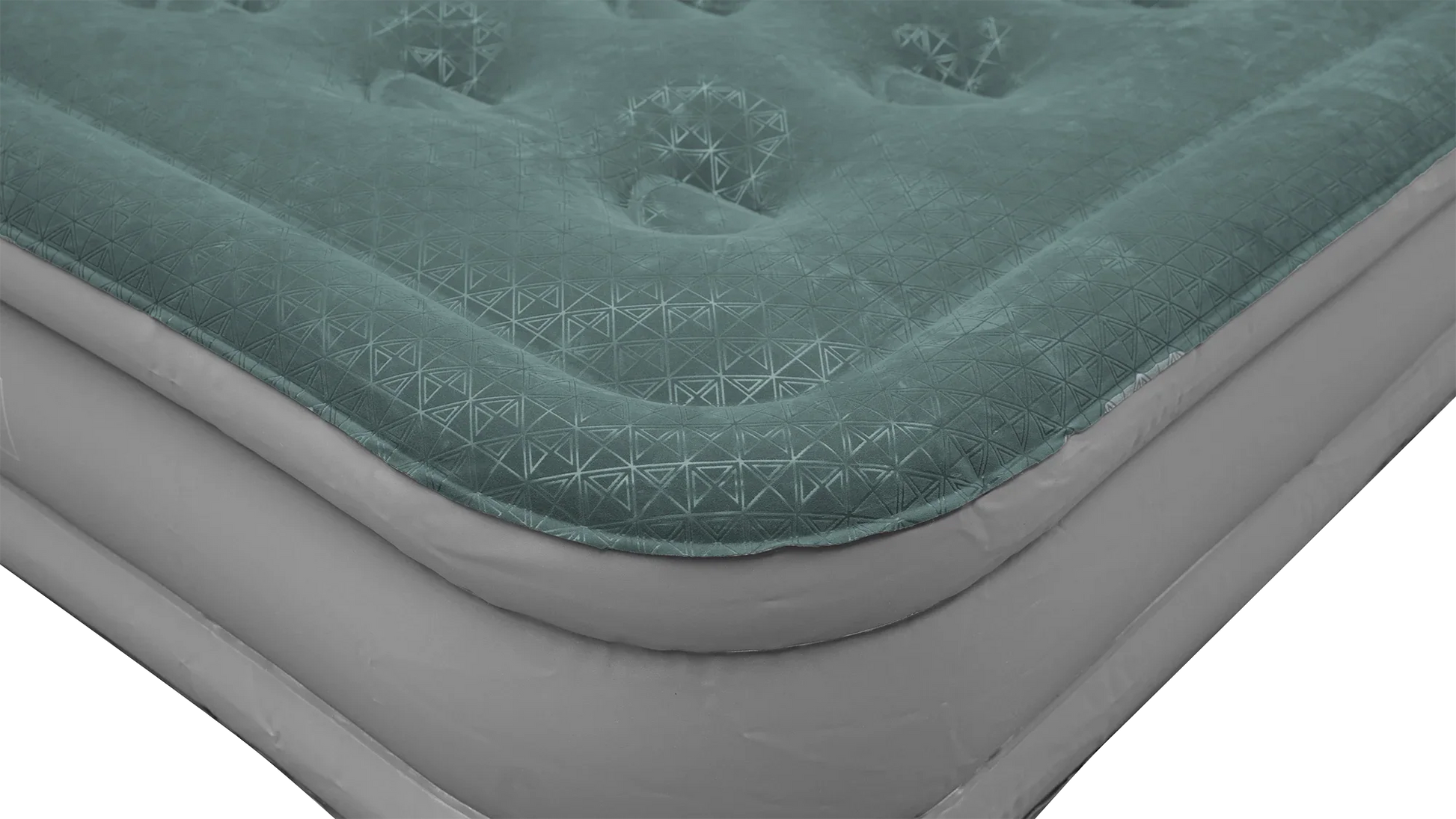 Teal quilted air mattress with geometric pattern, ideal for camping and outdoor sleeping gear