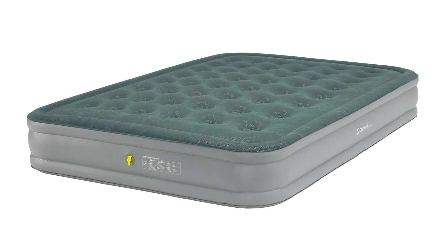 Green and gray inflatable air mattress for camping and outdoor adventures