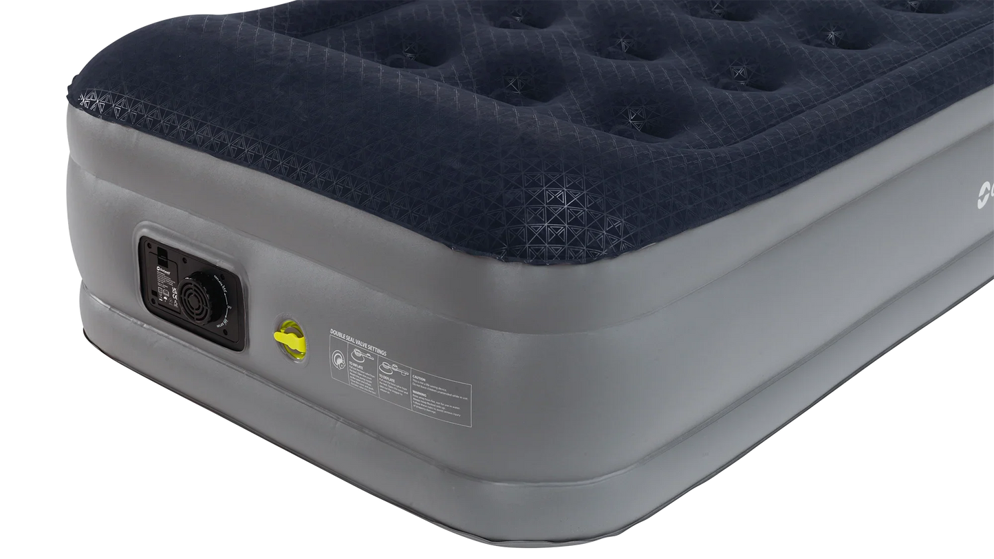 Inflatable air mattress with built-in pump, ideal for camping and outdoor adventures.