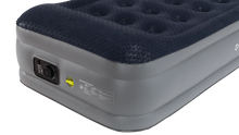 Inflatable air mattress with built-in pump, ideal for camping and outdoor adventures.