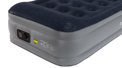 Inflatable air mattress with built-in pump, ideal for camping and outdoor adventures.