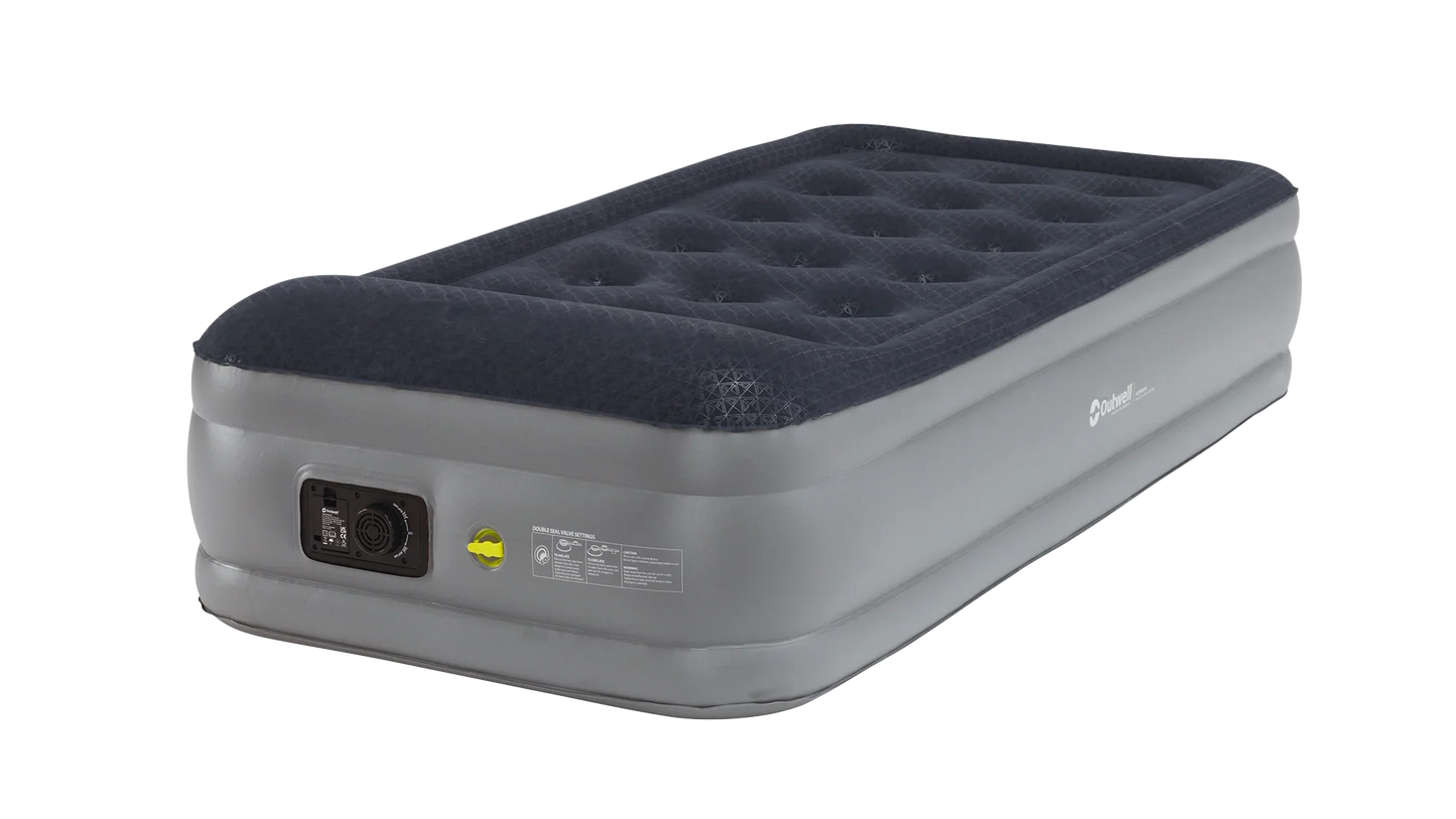 Inflatable airbed with built-in pump for camping and outdoor adventures