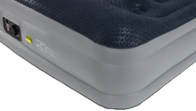 Inflatable camping air mattress with built-in pump and geometric patterned surface
