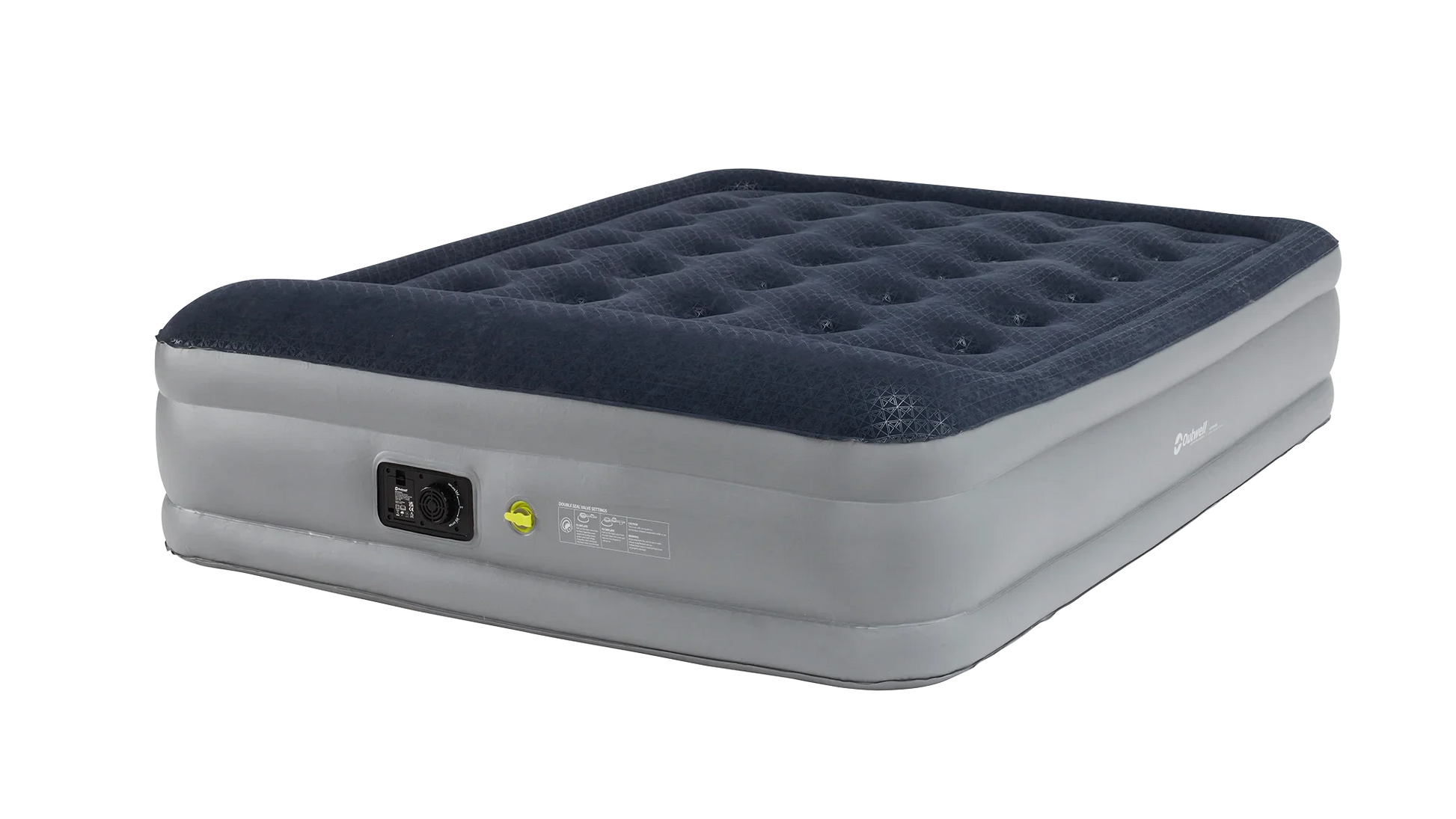 Inflatable air mattress with built-in pump for camping and outdoor adventures, featuring quilted top and durable sides.