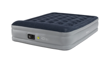Inflatable air mattress with built-in pump for camping and outdoor adventures, featuring quilted top and durable sides.