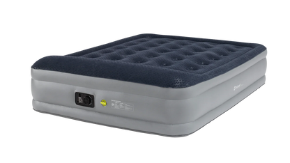 Inflatable air mattress with built-in pump for camping and outdoor adventures, featuring quilted top and durable sides.