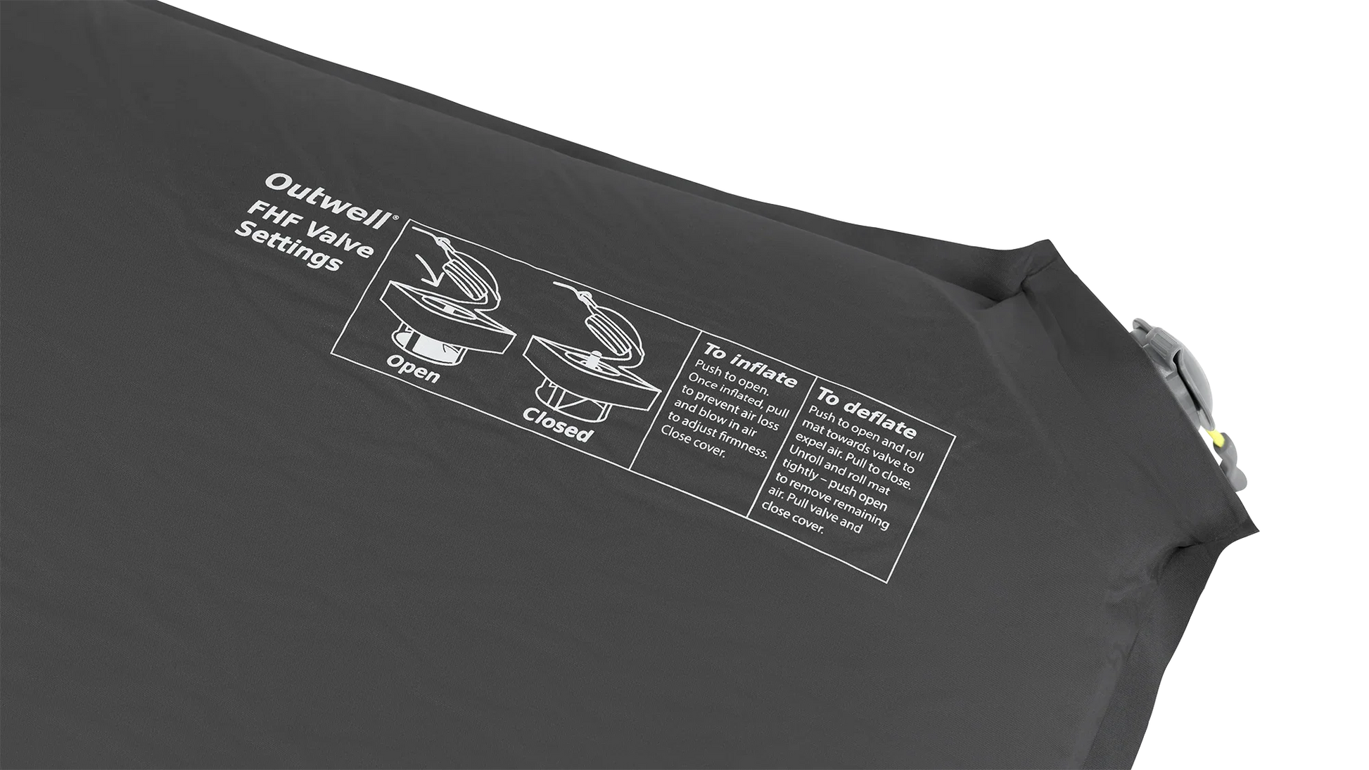 Outwell FHF valve instructions for inflating and deflating camping air mattress, showing open and closed settings.