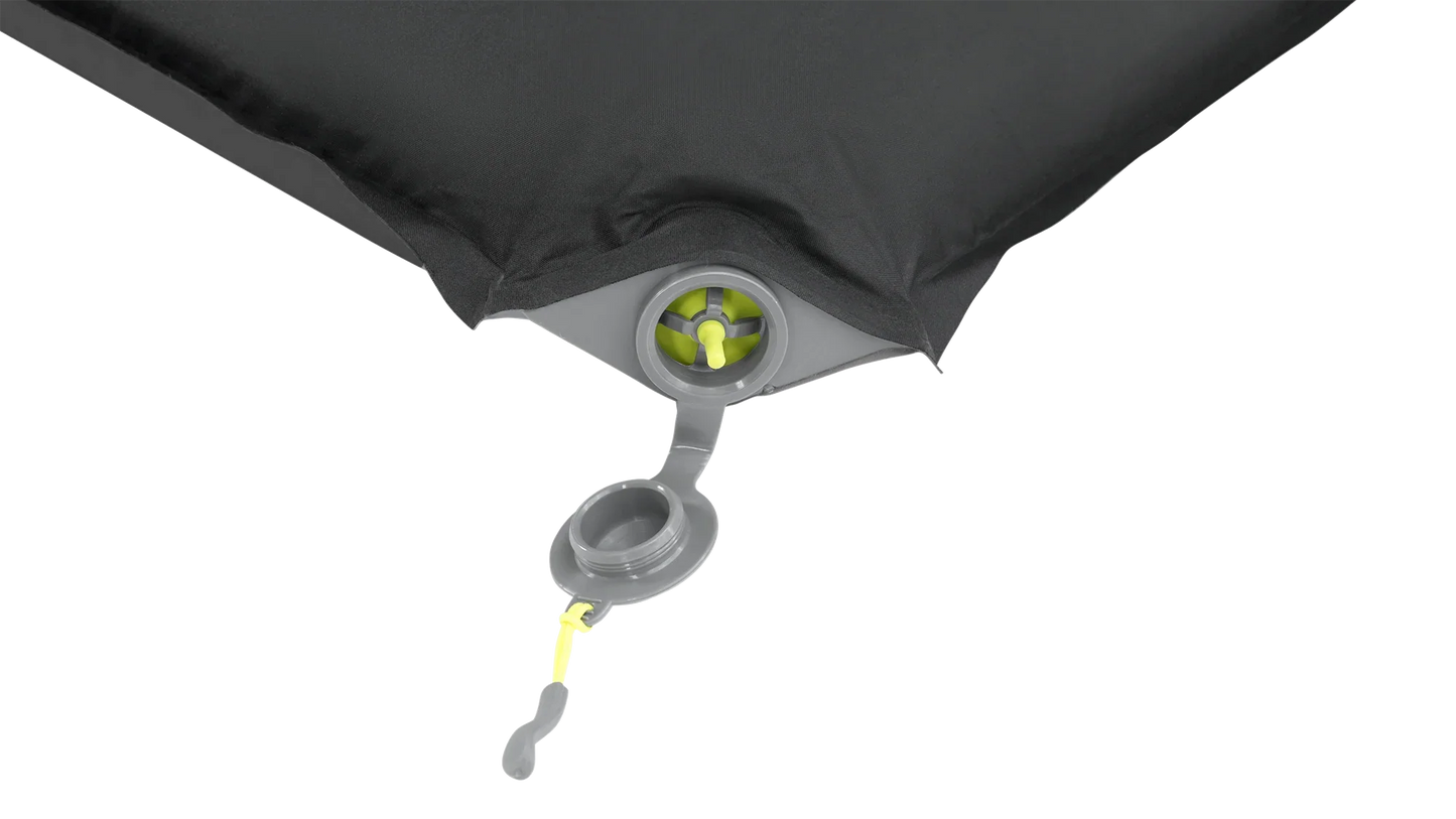 Black camping air mattress with gray and yellow valve for inflation