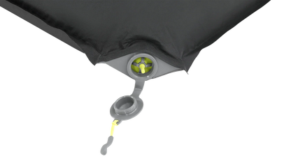 Black camping air mattress with gray and yellow valve for inflation