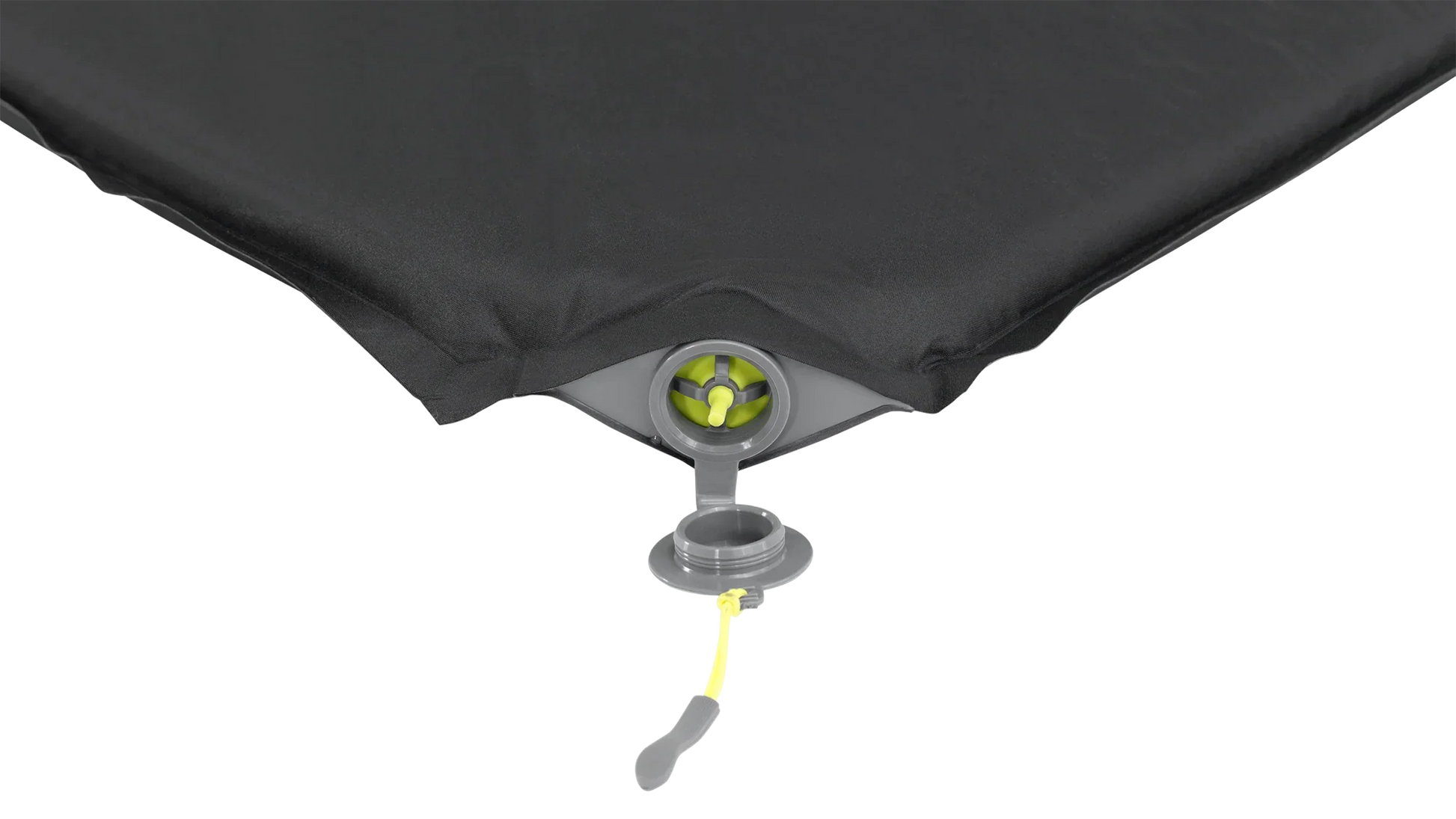 Black camping air mattress with gray and lime green valve for inflation