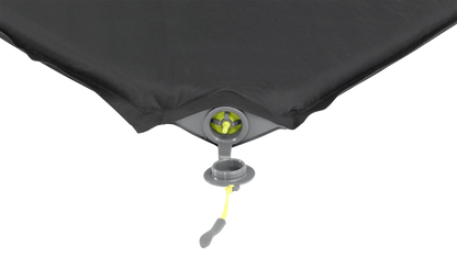 Black camping air mattress with gray and lime green valve for inflation