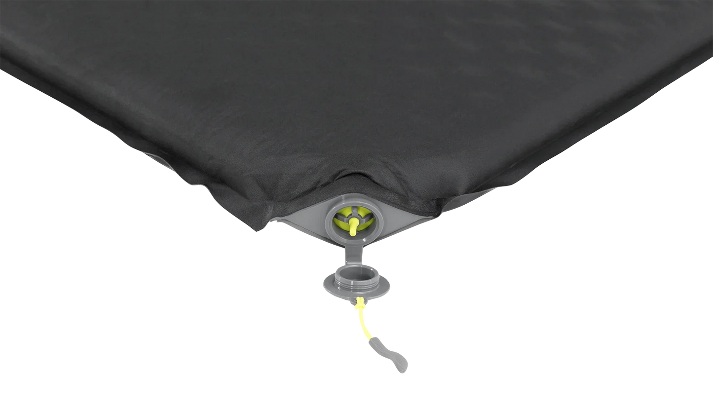 Black inflatable camping mattress with gray and yellow valve for easy inflation and deflation