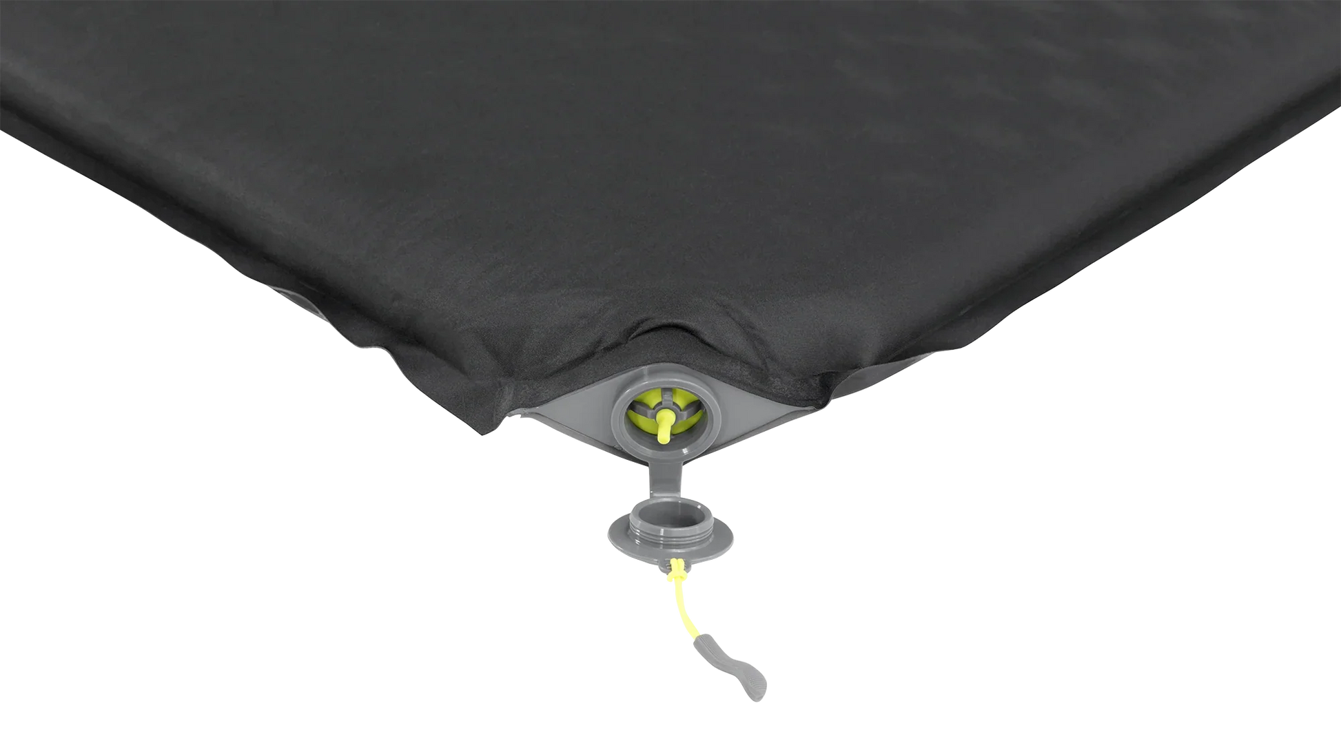 Black inflatable camping mattress with gray and yellow valve for easy inflation and deflation