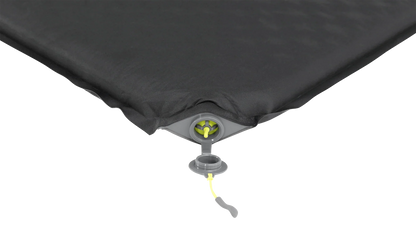 Black inflatable camping mattress with gray and yellow valve for easy inflation and deflation