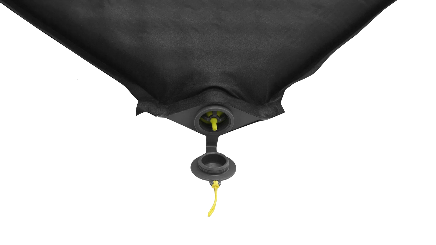 Black inflatable camping mattress with yellow valve for outdoor adventures