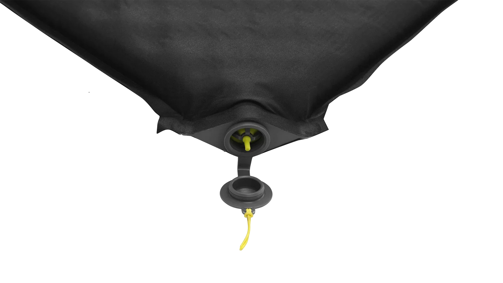 Black inflatable camping mattress with yellow valve for outdoor adventures