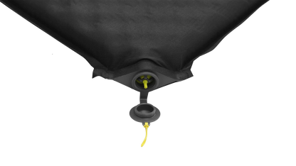 Black inflatable camping mattress with yellow valve for outdoor adventures