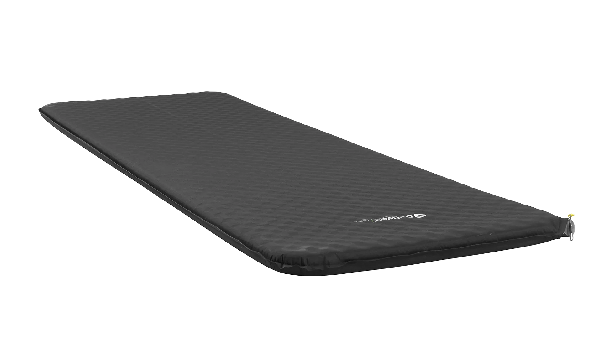 Black inflatable camping mattress with textured surface and valve for outdoor sleeping comfort
