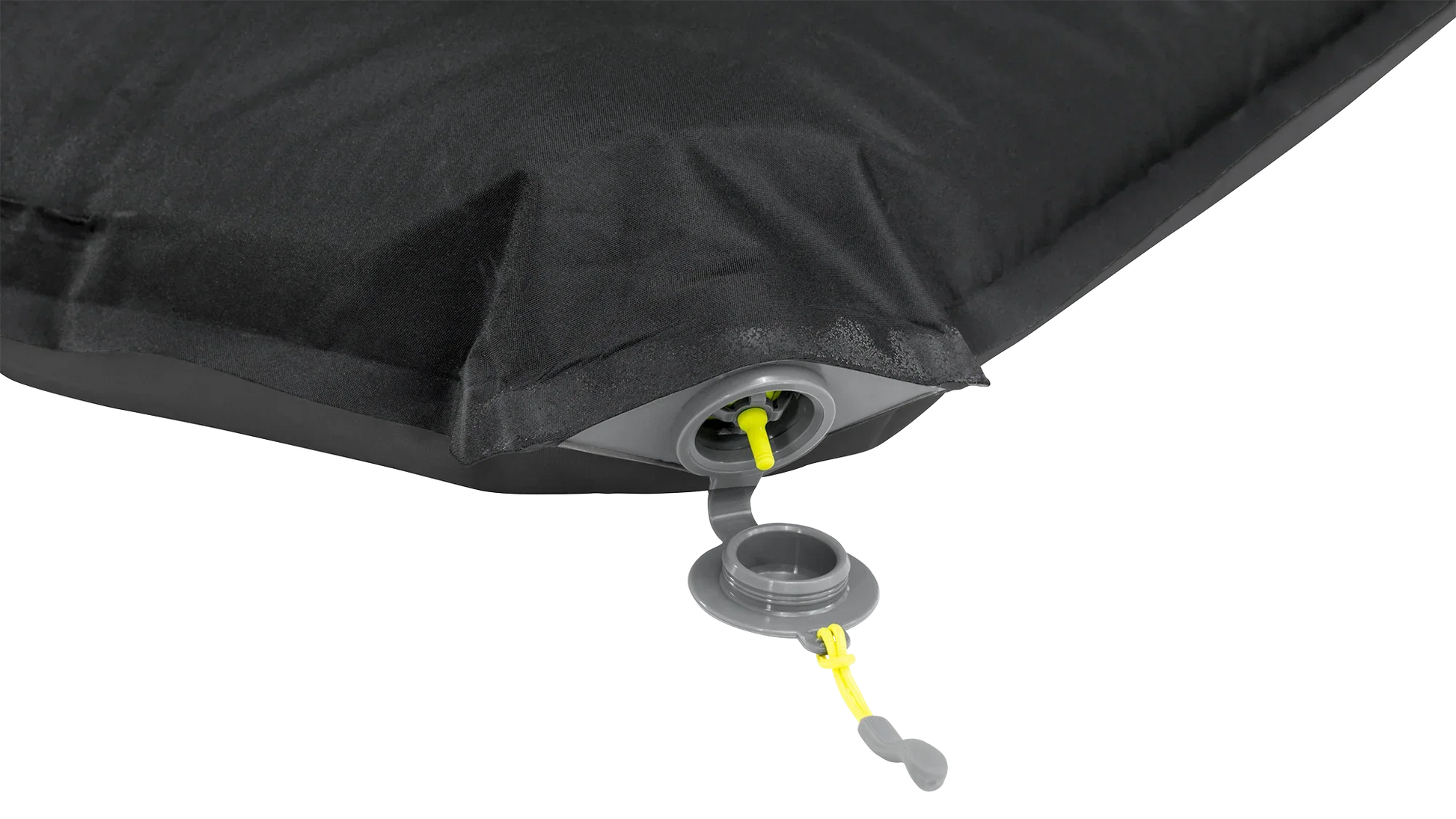 Black inflatable camping mattress with gray valve and yellow pull cord for easy inflation and deflation