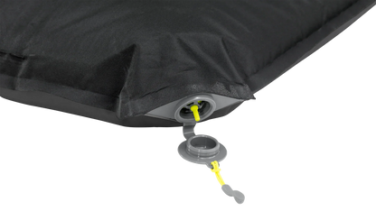 Black inflatable camping mattress with gray valve and yellow pull cord for easy inflation and deflation