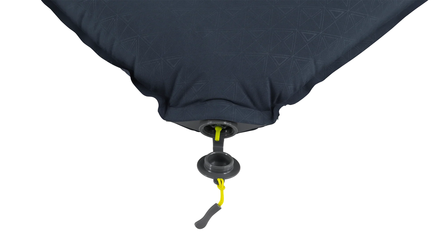 Inflatable camping mattress with geometric pattern and yellow valve for outdoor adventures
