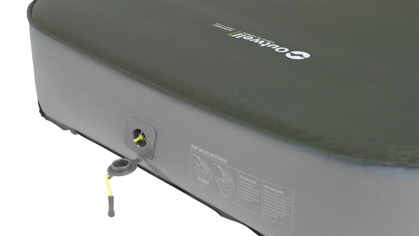 Inflatable camping mattress with valve settings for easy inflation and deflation, ideal for outdoor adventures.