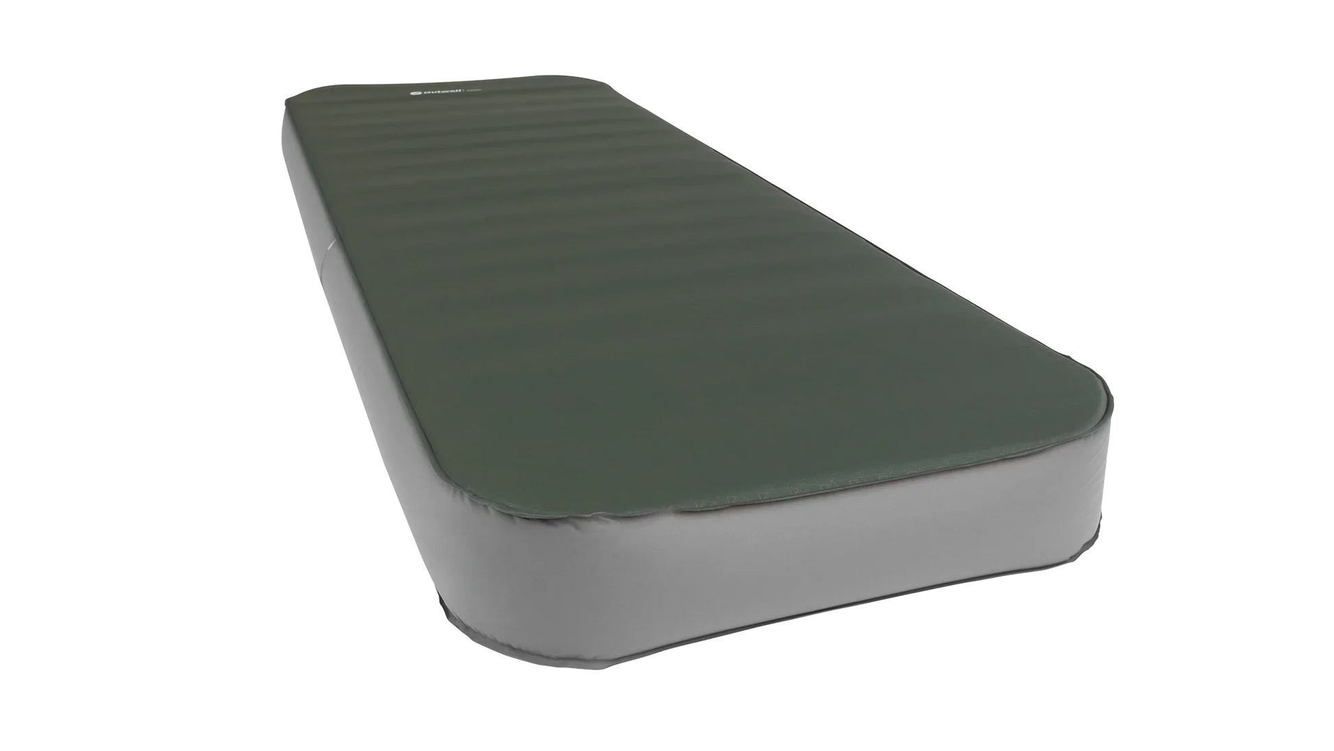 Green and gray inflatable camping mattress with ribbed surface for outdoor sleeping comfort