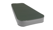Green and gray inflatable camping mattress with ribbed surface for outdoor sleeping comfort