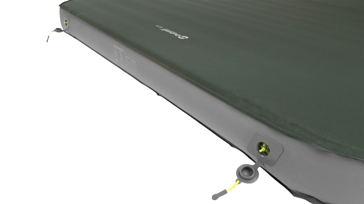 Green inflatable camping mattress with dual air valves for quick setup