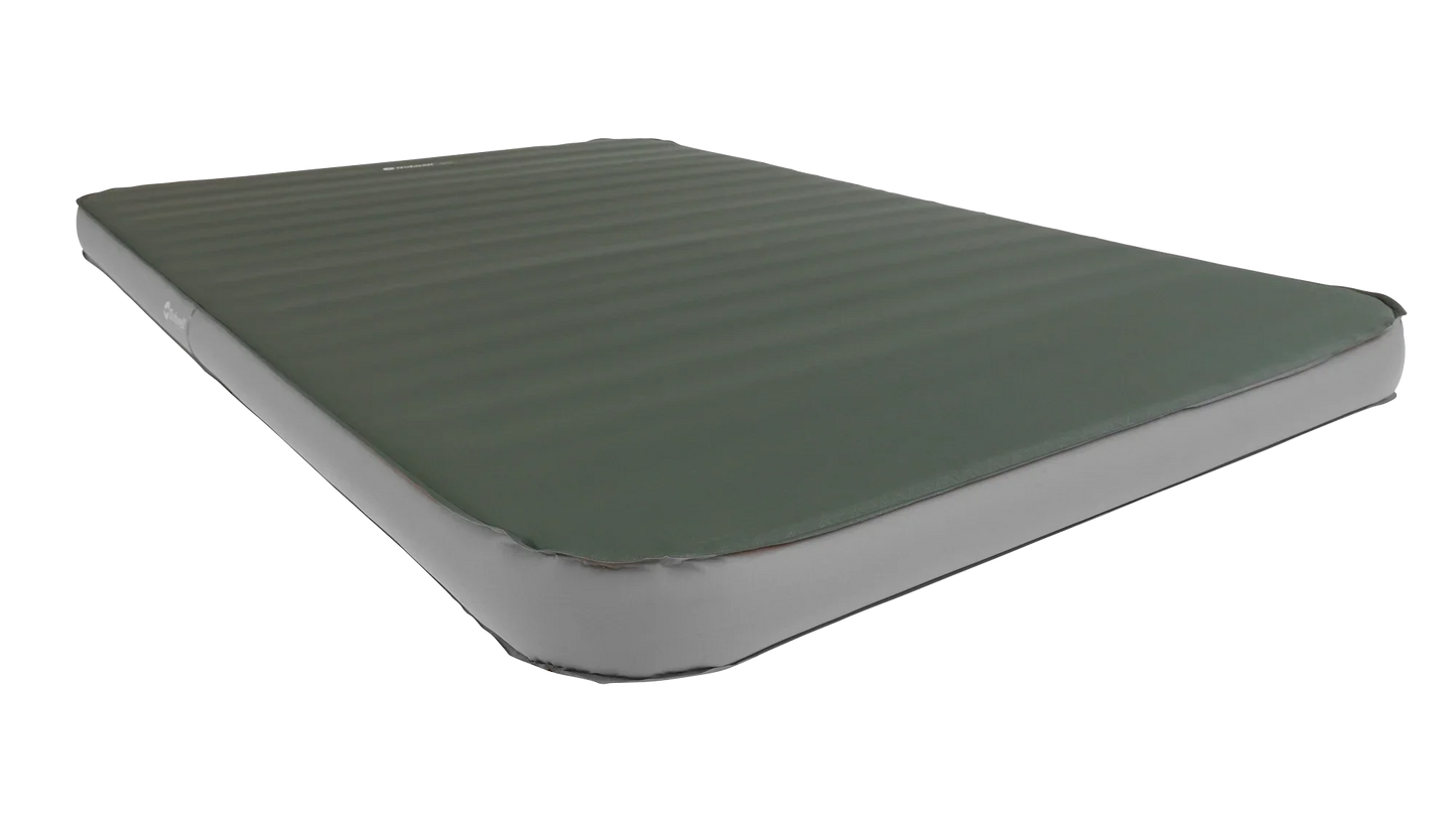 Green camping air mattress with gray sides for outdoor sleeping comfort