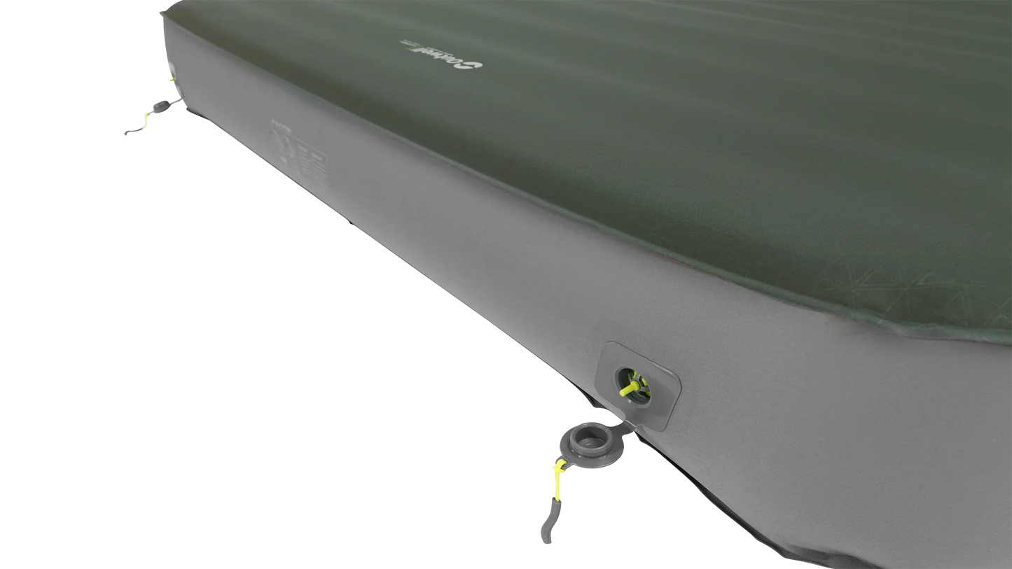 Green and gray inflatable camping mattress with yellow valve for outdoor adventures