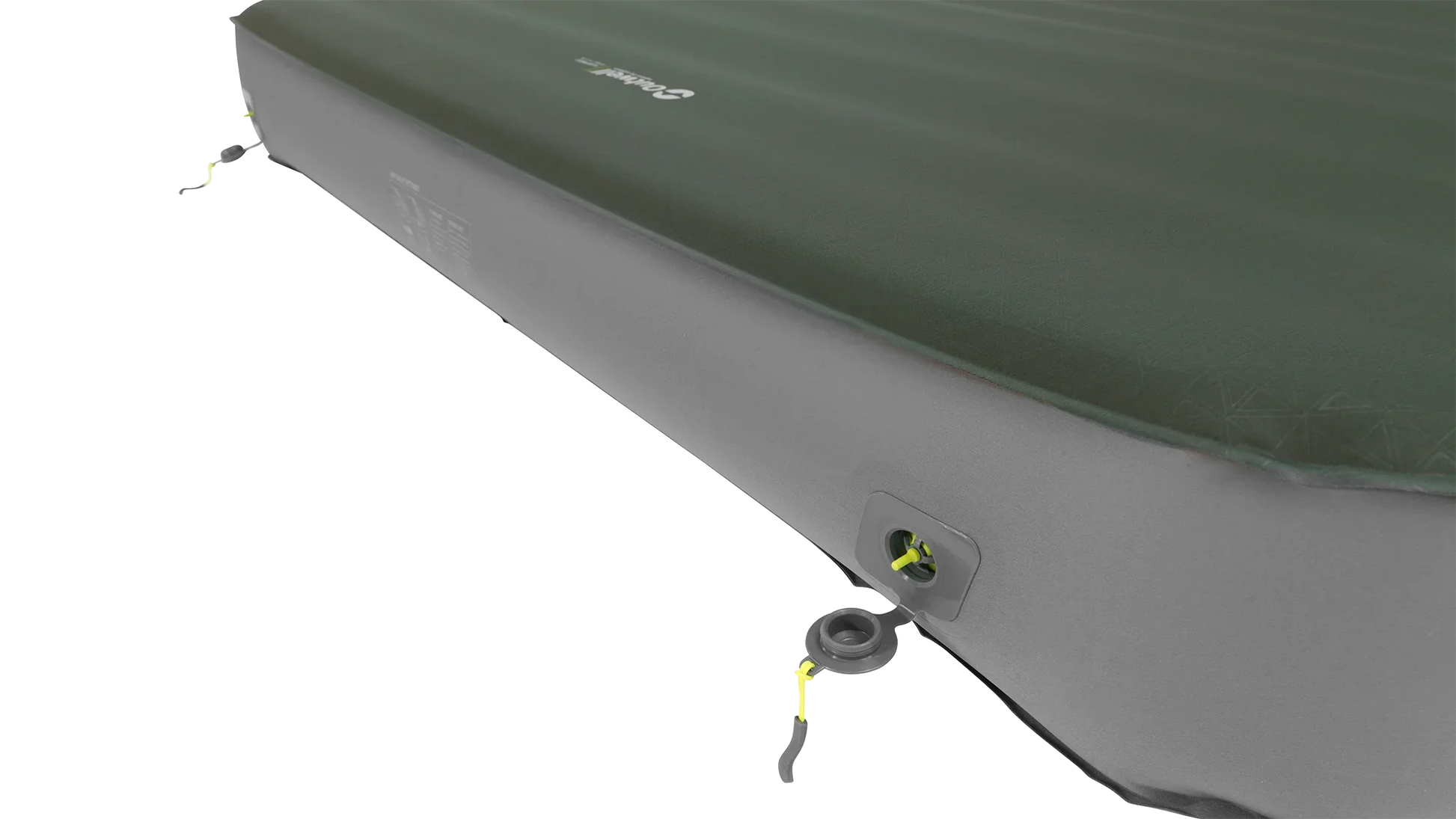 Green and gray inflatable camping mattress with yellow valve for outdoor adventures