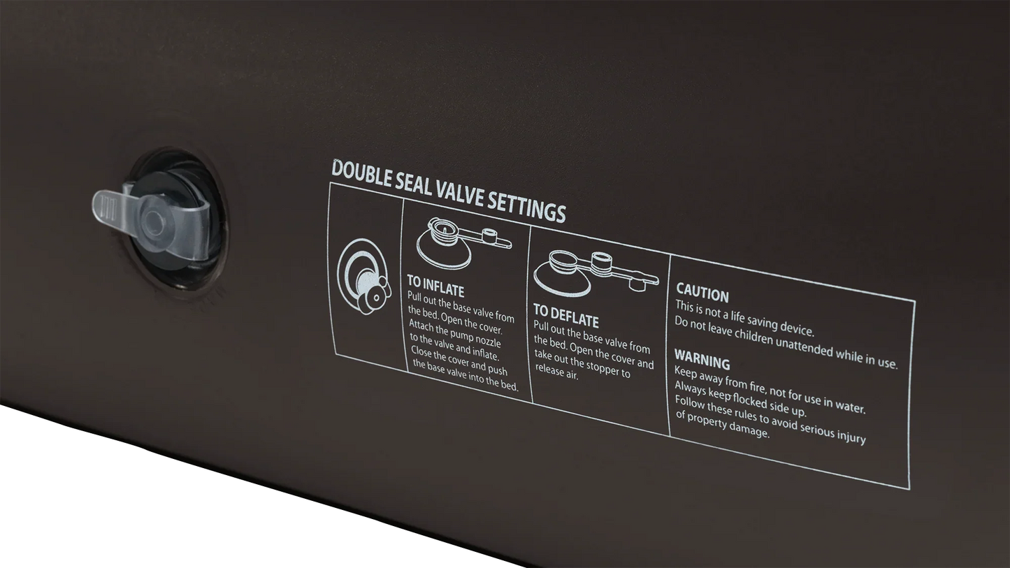 Double seal valve instructions for inflating and deflating camping airbed with safety warnings