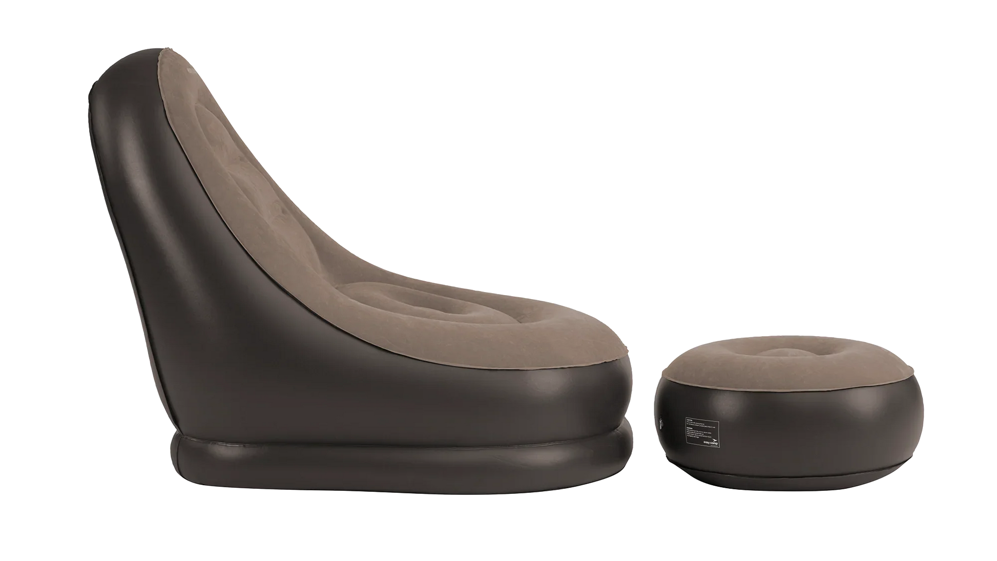 Inflatable camping chair and footrest with plush brown fabric, ideal for outdoor relaxation and caravanning adventures.