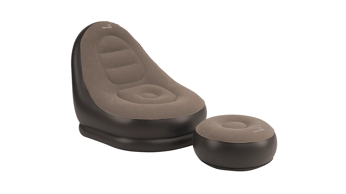 Inflatable camping chair and footrest set for outdoor adventures, featuring easy camp branding
