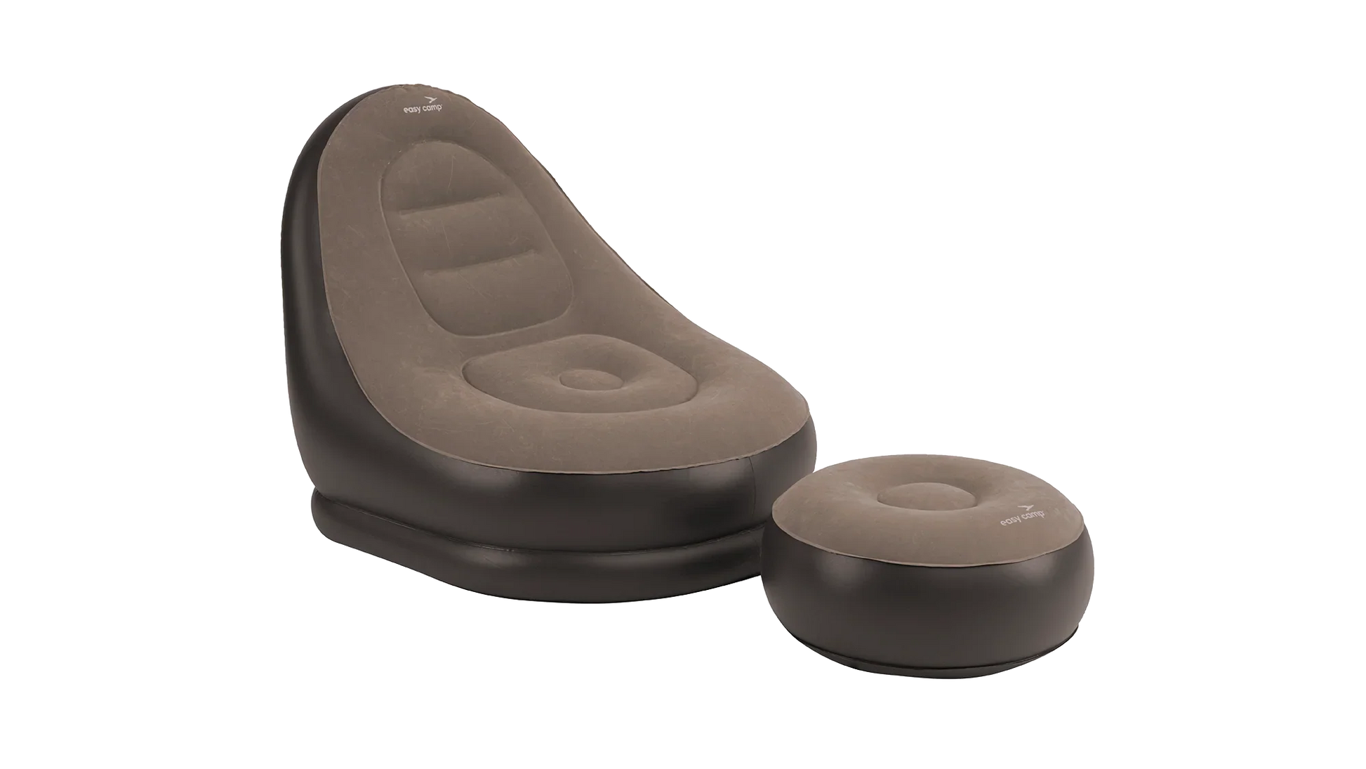 Inflatable camping chair and footrest set for outdoor adventures, featuring easy camp branding