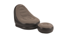 Inflatable camping chair and footrest set for outdoor adventures, featuring easy camp branding