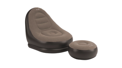Inflatable camping chair and footrest set for outdoor adventures, featuring easy camp branding
