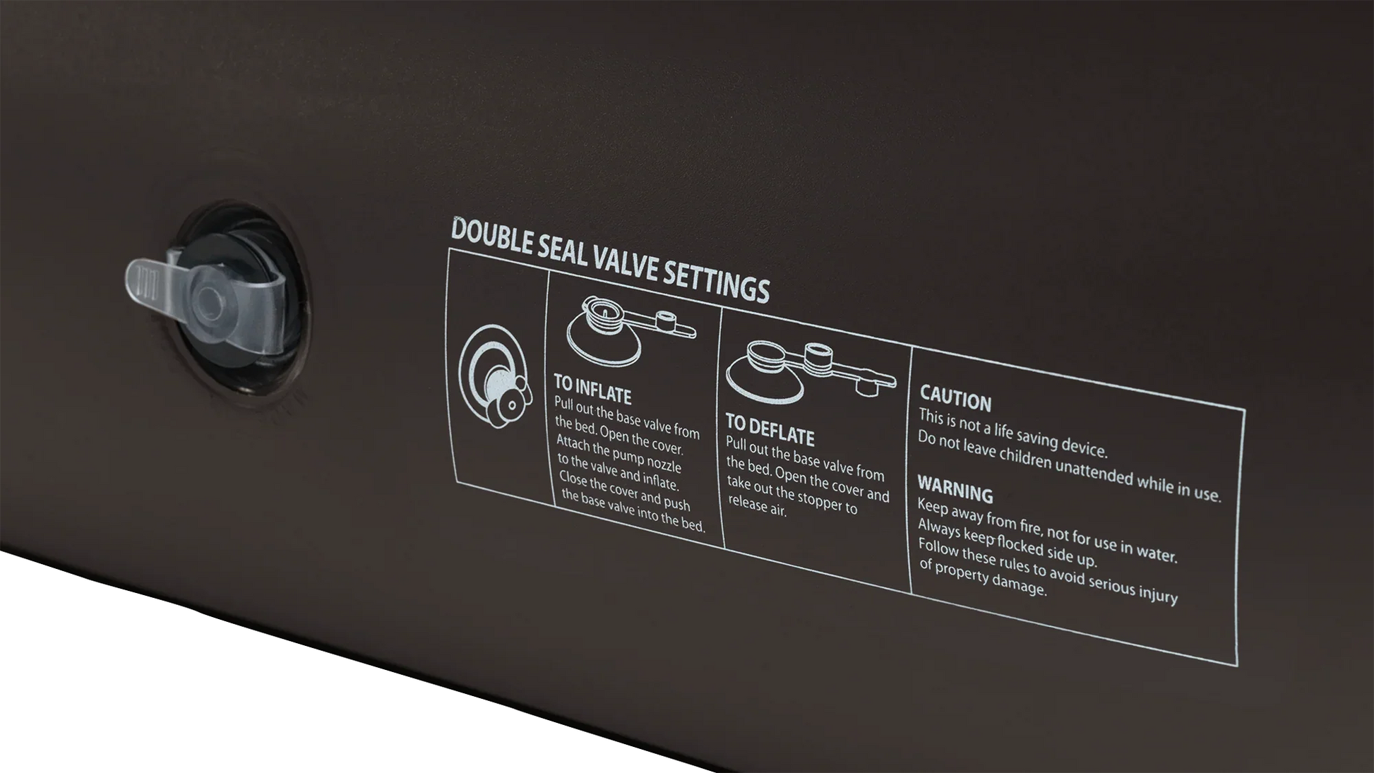 Inflatable camping bed valve with double seal settings and safety instructions for inflation and deflation.