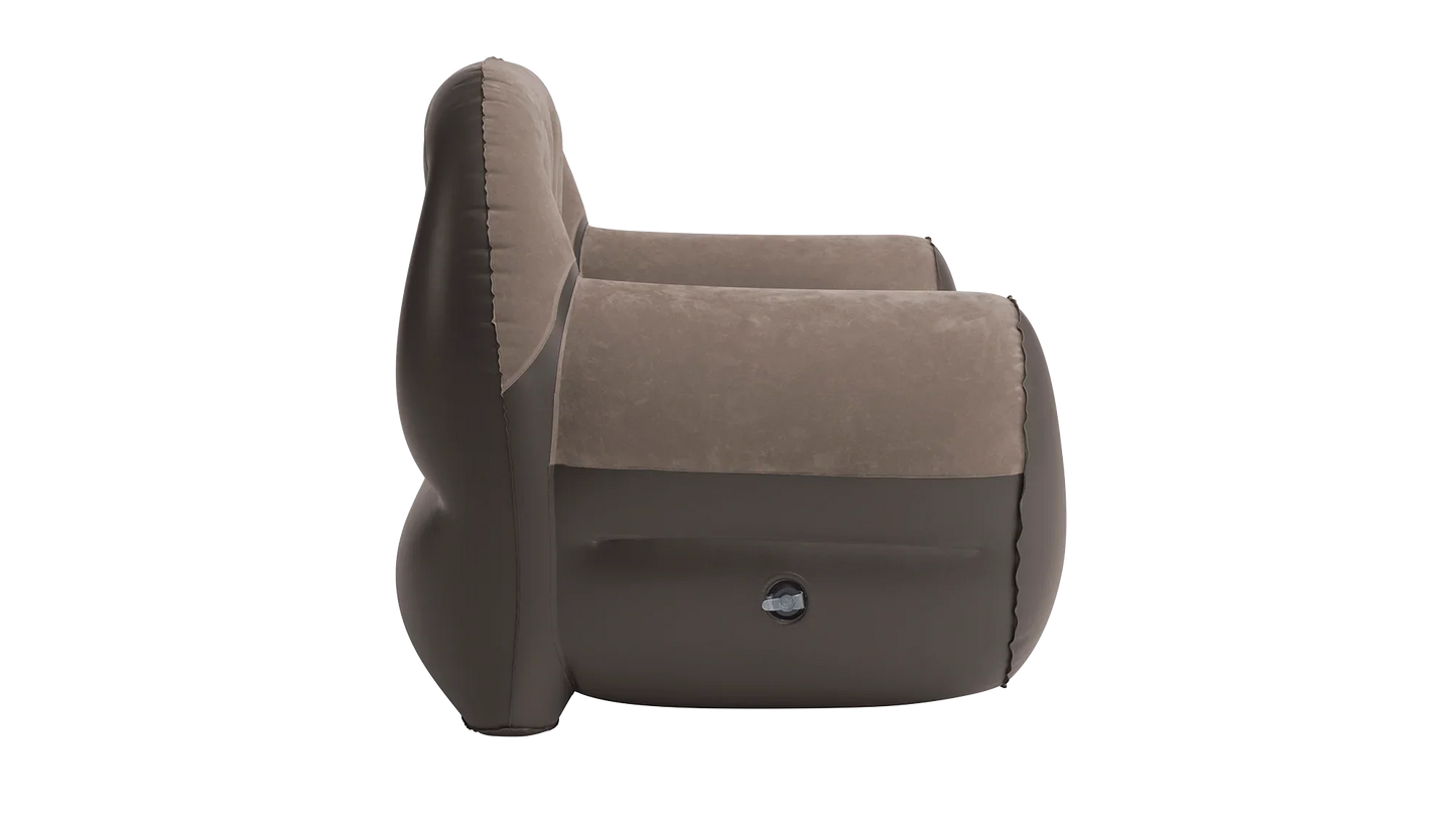 Inflatable camping chair with plush brown fabric and built-in air valve for outdoor adventures
