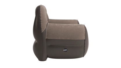 Inflatable camping chair with plush brown fabric and built-in air valve for outdoor adventures
