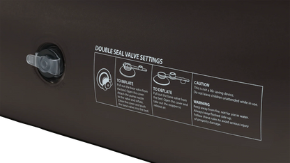 Double seal valve instructions for inflatable camping bed with inflate/deflate guide and safety warnings