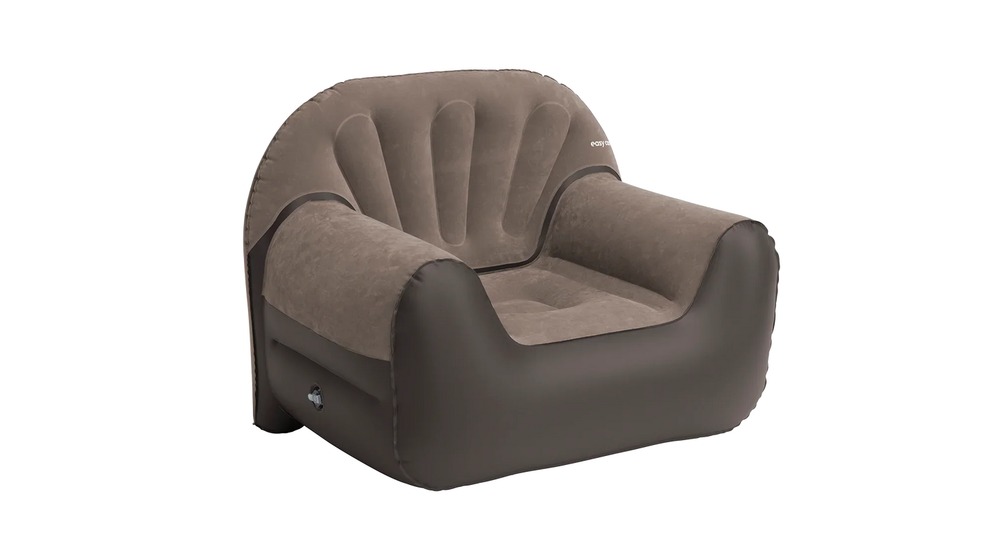 Brown inflatable armchair for camping and outdoor use, featuring comfortable backrest and armrests.