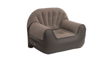 Brown inflatable armchair for camping and outdoor use, featuring comfortable backrest and armrests.